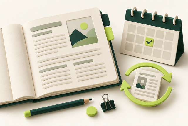 An open blog journal with category tabs, a publication calendar card and a refresh arrow.