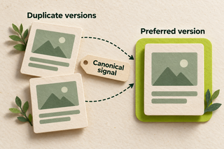 Two duplicate page cards point with dashed canonical-signal arrows to a highlighted preferred version.