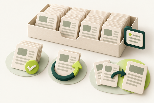 An existing content library sorted into keep, refresh and combine groups using simple symbols.