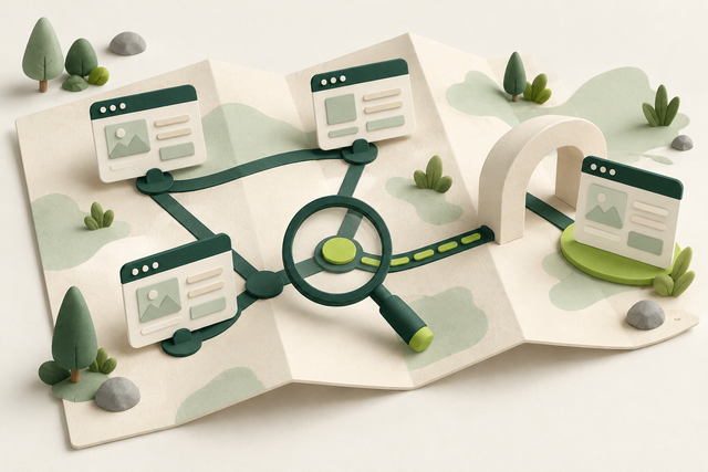 Connected page cards and an open path reviewed with a magnifying glass.