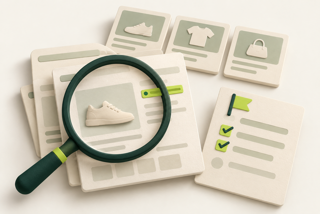 A magnifying glass inspecting product and category cards beside a store-audit evidence sheet.
