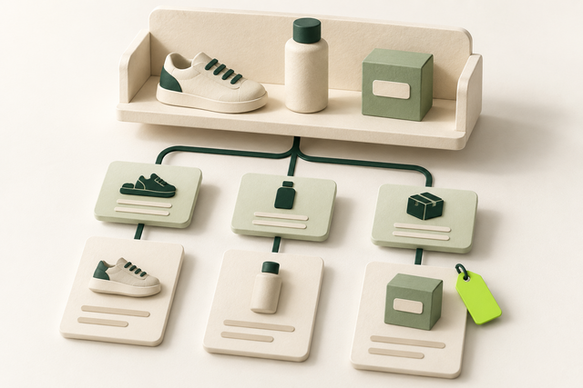 Store categories connected to product cards and an inventory tag in a coherent shopping structure.