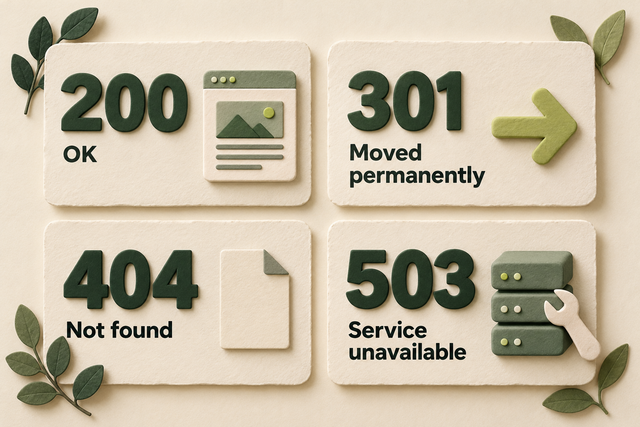 Four status-code tiles show 200 OK, 301 Moved permanently, 404 Not found, and 503 Service unavailable.