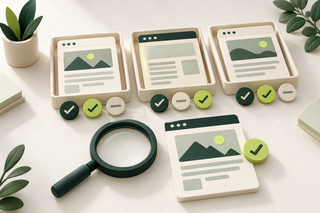 Page cards arranged in review trays beside a magnifying glass and condition markers.