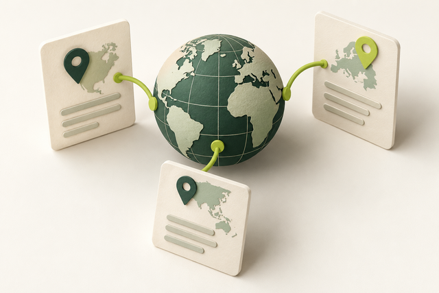 A globe linked to three localized page cards with matching regional markers.