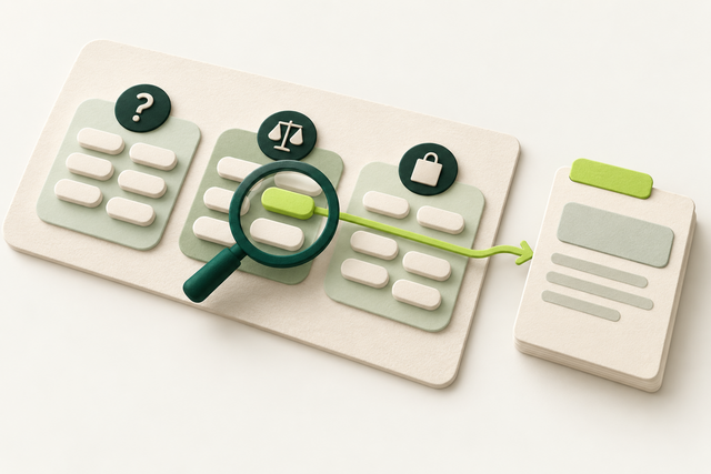 Search-query chips grouped by intent and connected to a single target page.