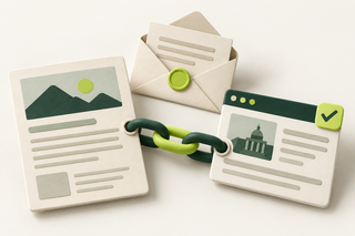 A link-worthy article, a qualified publication card and an outreach envelope connected by a chain.