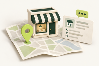 A neighborhood storefront on a folded map beside a location pin and a complete business-profile card.