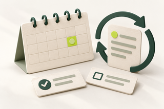 A recurring review calendar beside a change log and checked follow-up cards.
