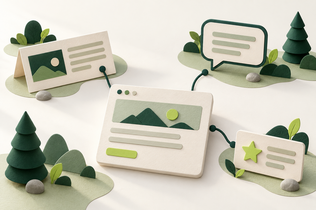 A central website tile surrounded by publication cards, a conversation bubble and a reputation star.