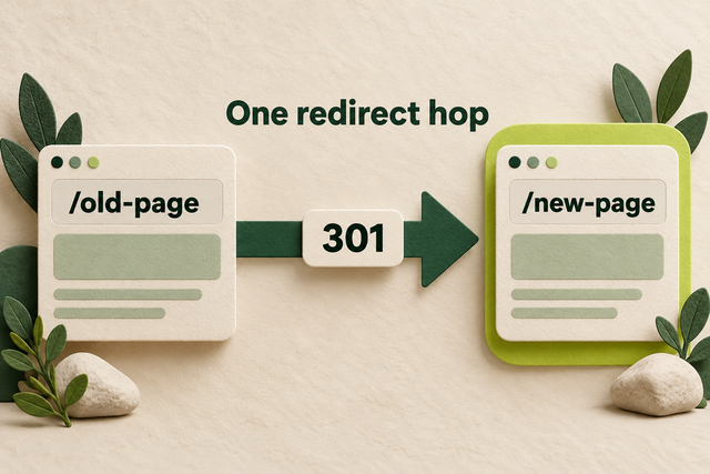 An old-page card connects directly to a new-page card through one arrow labeled 301.