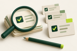 A magnifying glass reviewing evidence cards beside SEO audit findings arranged by priority.