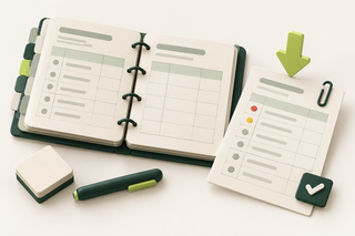 A printable audit worksheet beside a tabbed evidence workbook and a download arrow.