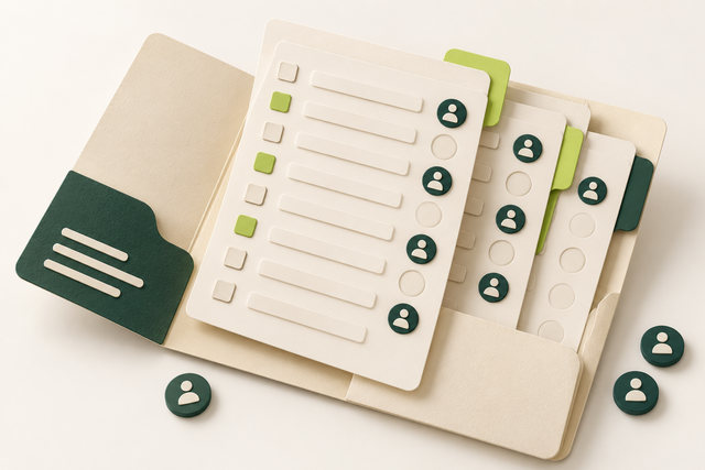 Reusable checklist sheets with task rows, owner tokens and colored tabs in an open folder.