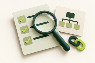 Illustration of an SEO checklist, a magnifying glass, a site structure diagram and connected links.