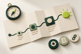 A strategic roadmap with a compass, three milestones and a clear destination.