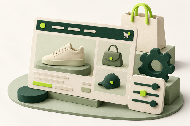 A store theme assembled from product, collection and settings tiles beside a shopping bag.