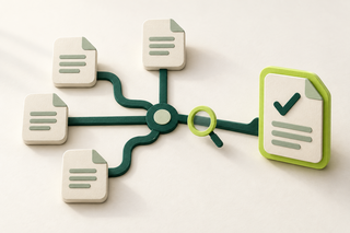 Connected page tiles and a magnifying glass leading toward a highlighted preferred page.