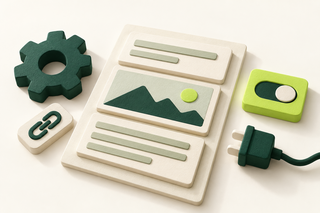 Modular content blocks beside a settings gear, a permalink chain and an indexing switch.