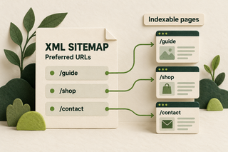 An XML sitemap lists /guide, /shop, and /contact as preferred URLs beside their indexable page cards.