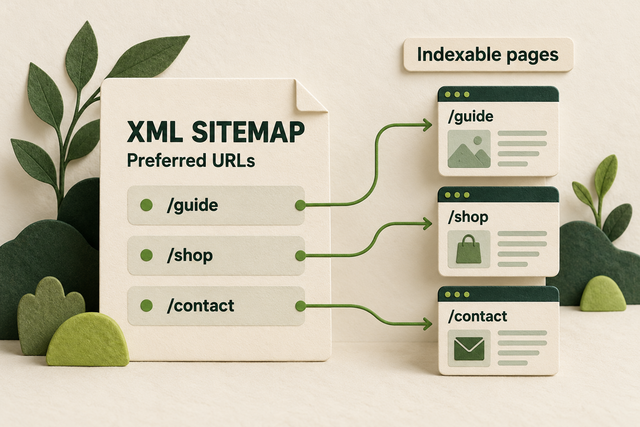 An XML sitemap lists /guide, /shop, and /contact as preferred URLs beside their indexable page cards.